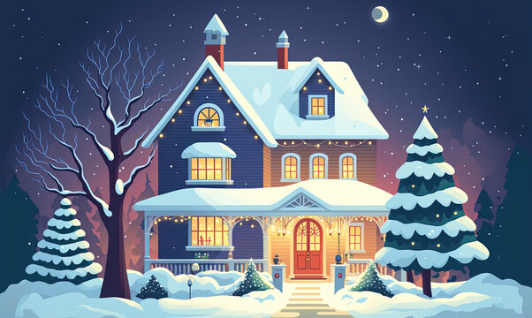 A Christmas scene with a house, Christmas tree and a snowy winter background under night sky. A Happy New Year and Christmas  Background. A generative AI Illustration.