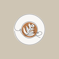 Coffee cup top view vector one line continuous drawing illustration. Hand drawn cappuccino linear silhouette icon. Minimal outline design element for print, banner, card, brochure, poster.