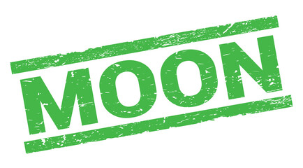 MOON text on green rectangle stamp sign.