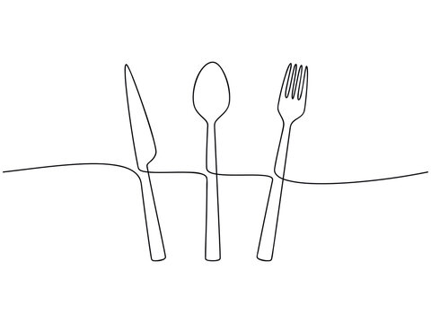 Knife, spoon, fork icon set top view vector one line continuous drawing illustration. Hand drawn linear silhouette. Minimal outline design element for print, banner, card, brochure, poster, menu.
