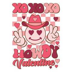 Xo Xo Xo Howdy Valentine phrase design with smiley in cowboy hat for Valentine's Day celebration
