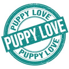 PUPPY LOVE text written on blue round stamp sign