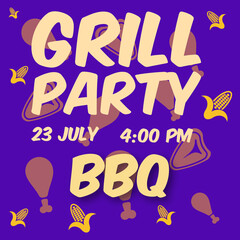 Grill BBQ Party poster with chicken and steak icons on background