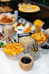 Buffet table of reception with cold snacks, meat and salads