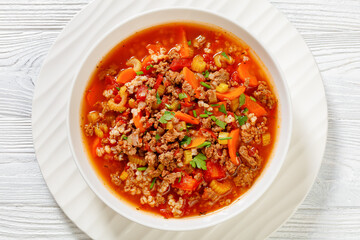 Hamburger Soup with barley and vegetables in bowl
