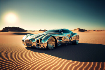 futuristic chrome car in a desert with mountains, reflection of the sun on the silver paint, fictional car made with generative ai