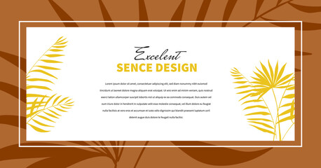 Vector nature template with palm leaf and text space with brown frame on white color background