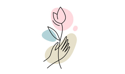 Vector romantic illustration of human hand hold flower on white color background. Flat line art style romance design of flower