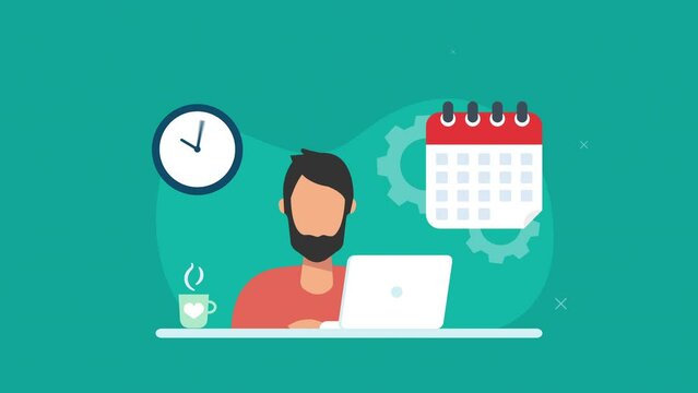 deadline concept animation.Man working on PC animation.young man sitting with pc and working.freelancer man on computer.freelance working life.turquoise background