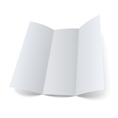 Blank paper tri-fold brochure mockup with realistic shadow on white background