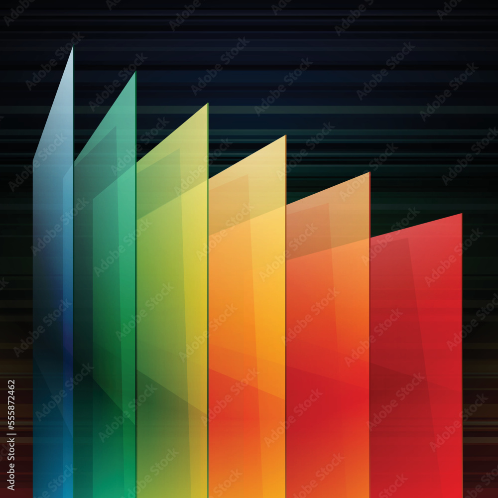 Poster 3d perspective rainbow shiny abstract rectangle layers on black stripes background