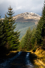 Snow capped mountains in the Argyll Forest Park, Scotland, UK.