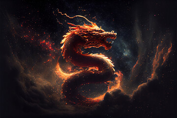 Chinese dragon flying in dark sky and galaxy on the background.   Digitally generated AI image © 0livia
