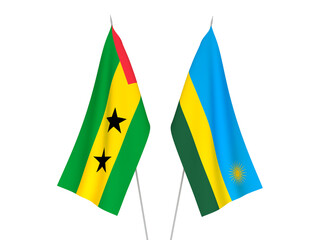 National fabric flags of Saint Thomas and Prince and Republic of Rwanda isolated on white background. 3d rendering illustration.