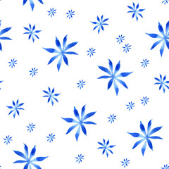 Seamless pattern with starfishes in blue watercolor. Hand painted sea illustration isolated on transparent. For design, fabric or background