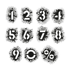 Black and white paint splatter stencil numbers alphabet on white background. RGB EPS 10 vector illustration