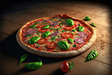 Italian Pizza With Salami And Basil Homemade Nice Looking Whole Pizza With Pepperoni Generative AI