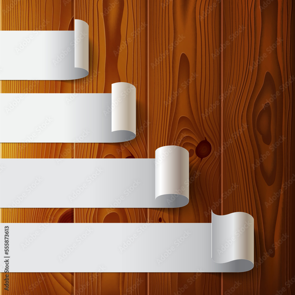 Aufkleber infographics template with 4 options wintage paper stripe banners and realistic shadows on brown woo
