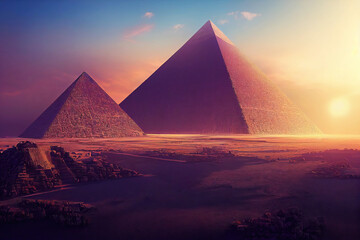 Two fictional egyptian pyramids in desert with evening sunset (Generative AI) - obrazy, fototapety, plakaty