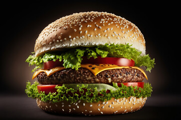 Hamburger Or Cheeseburger Double Meat Inside With Onion Tomato Cheese Lettuce Isolated On Center Generative AI