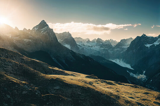 Idyllic alpine mountain peak landscape at sunset (Generative AI)