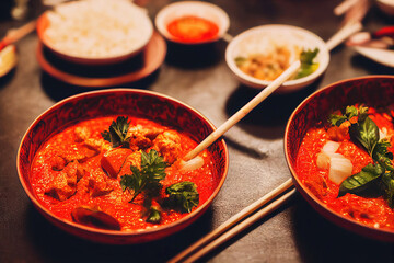 Traditional red curry with rice as homemade thai food with chopsticks (Generative AI)