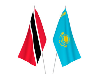 National fabric flags of Kazakhstan and Republic of Trinidad and Tobago isolated on white background. 3d rendering illustration.