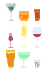 Set of glasses of alcohol. Martini whiskey rum liquor champagne red wine beer vermouth vodka. Hand draw cartoon illustration. Doodle line art graphic design. Freehand drawing style