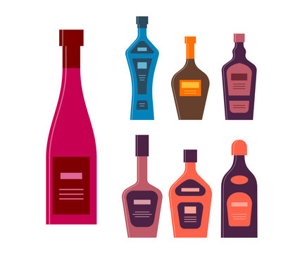 Set bottles of red wine vodka whiskey cream liquor rum tequila. Icon bottle with cap and label. Graphic design for any purposes. Flat style. Color form. Party drink concept. Simple image shape