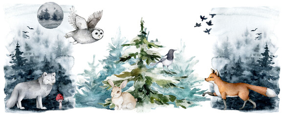 Forest animals watercolor illustration. Fox, wolf, owl. Forest landscape