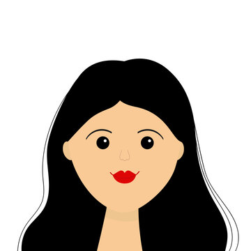 Portrait of woman. Young girl teen face. Beautiful lady, female. Brunette hairstyle. Black long hair. Avatar for social networks. Red lipstick makeup. Flat design. White background.