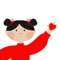 Young girl face. Beautiful lady, female holding red heart. Portrait of woman. Brunette hairstyle. Black bun hair. Cute cartoon funny character. Love card. Flat design. White background.