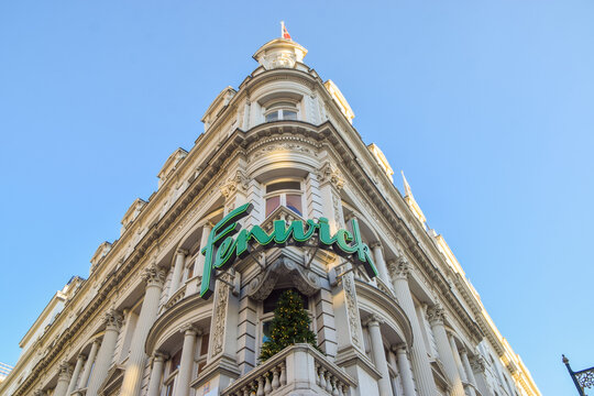 General view of the sign at Fenwick department store in Bond Street, on December 8 2022 in London, UK