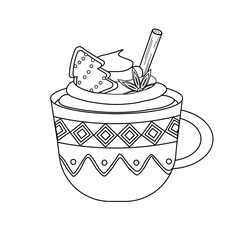 Outline Mug for Christmas and New Year. Cute hot cocoa or coffee, sweet cream, gingerbread cookies, candy canes, cinnamon sticks and vanilla flowers. Decorative holiday coffee cups with ornaments. 