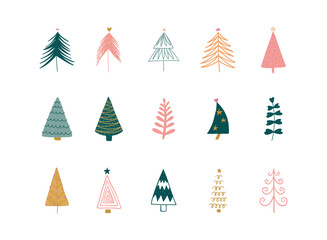 Hand drawn set of Christmas trees. Holidays set. 