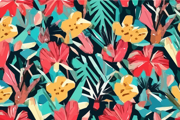 Fototapeta na wymiar Modern exotic floral jungle pattern. Collage contemporary pattern. Hand drawn cartoon style pattern.