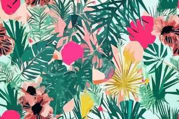Modern exotic floral jungle pattern. Collage contemporary pattern. Hand drawn cartoon style pattern.