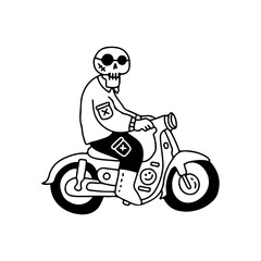 Fototapeta na wymiar Retro skull riding classic motorbike, illustration for t-shirt, sticker, or apparel merchandise. With modern pop and retro style.