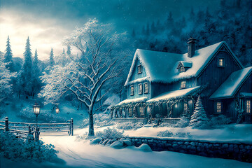 winter landscape with house and trees