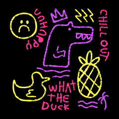 Modern street art illustration, with unhappy face, duck, dinosaur, pineapple graffiti. Artwork for street wear, t shirt, posters, bomber jackets, hoodie, patchworks, enamel pins; for clothes.