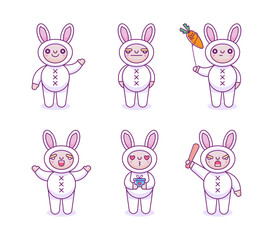 Set of cute boy in bunny costume mascot character. illustration for t shirt, poster, logo, sticker, or apparel merchandise. Kawaii and soft pop style.