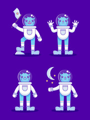 Set of cat in astronaut suit mascot character. illustration for t shirt, poster, logo, sticker, or apparel merchandise. Soft pop style.