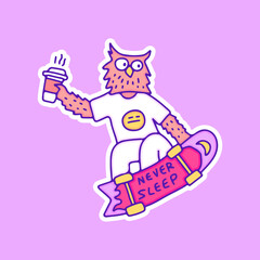 Cool owl with coffee freestyle with skateboard illustration, with old style 90s cartoon drawings. Artwork for street wear, t shirt, patchworks; for teenagers clothes.