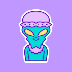 Baby alien illustration, with soft pop style and old style 90s cartoon drawings. Artwork for street wear, t shirt, patchworks; for teenagers clothes.