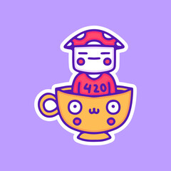Cute mushroom character inside cup of coffee illustration, with soft pop style and old style 90s cartoon drawings. Artwork for street wear, t shirt, patchworks; for teenagers clothes.