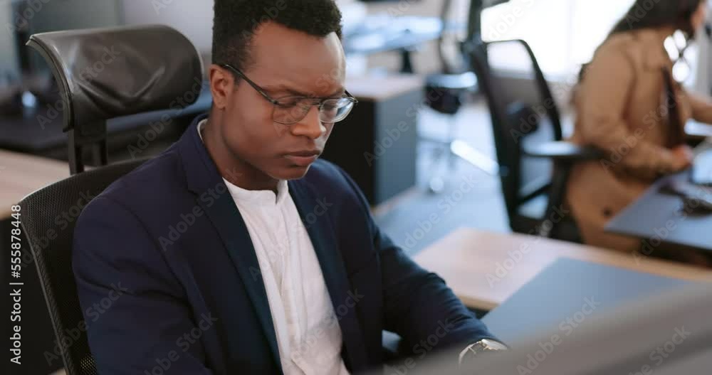 Poster Developer, computer or programmer thinking of cyber security code for digital transformation on internet. Cloud computing, hacker or focused black man coding or programming software data at office