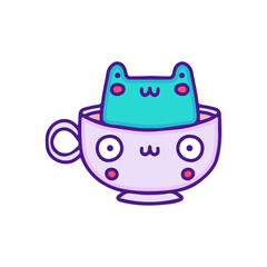 Cute frog inside a cup of coffee illustration, with soft pop style and old style 90s cartoon drawings. Artwork for street wear, t shirt, patchworks; for teenagers clothes.