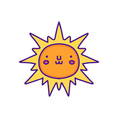 Cute sun character doodle illustration, with soft pop style and old style 90s cartoon drawings. Artwork for sticker, patchworks; for kids clothes.
