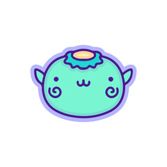 Kawaii kappa head character doodle illustration, with modern pop style and old style 90s cartoon drawings. Artwork for sticker, patchworks; for kids clothes.