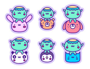 Set of kawaii kappa and animals character doodle illustration, with modern pop style and old style 90s cartoon drawings. Artwork for sticker, patchworks; for kids clothes.